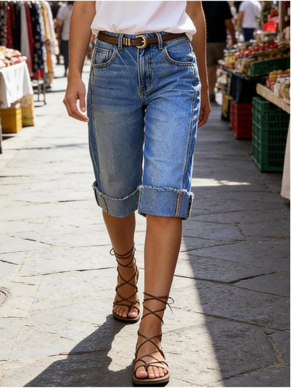 Flamingals Bermuda Denim Mid Rise Knee Length Roll Hem Casual Summer Capri short